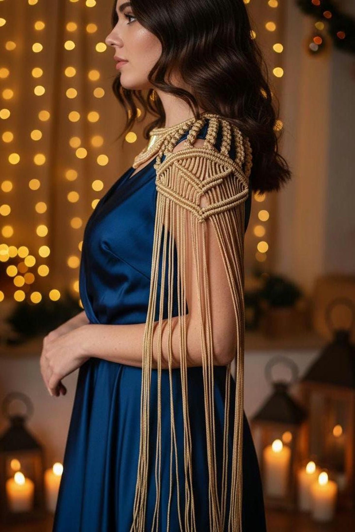 Gold Macrame Shoulder Choker: Festival Boho Shoulder Jewelry