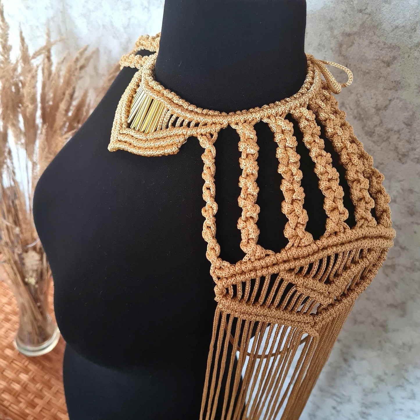 Gold Macrame Shoulder Choker: Festival Boho Shoulder Jewelry