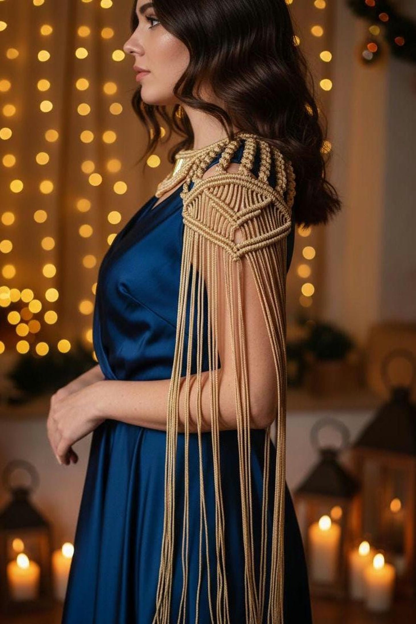 Gold Macrame Shoulder Choker: Festival Boho Shoulder Jewelry