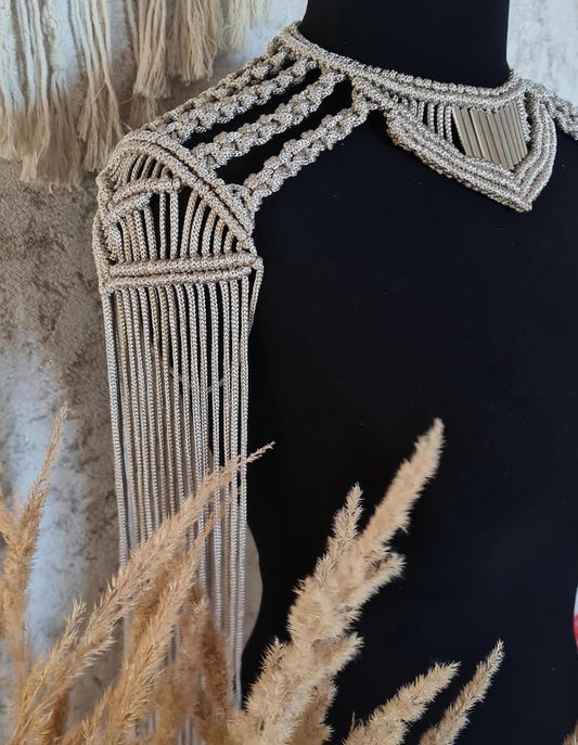 Silver Macrame necklace Tassel Epaulettes Rave costume