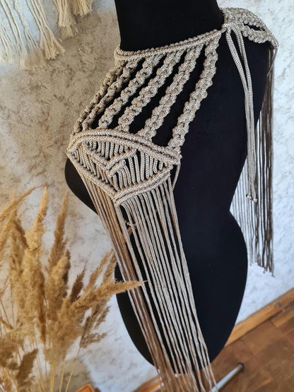 Gold Macrame Shoulder Choker: Festival Boho Shoulder Jewelry