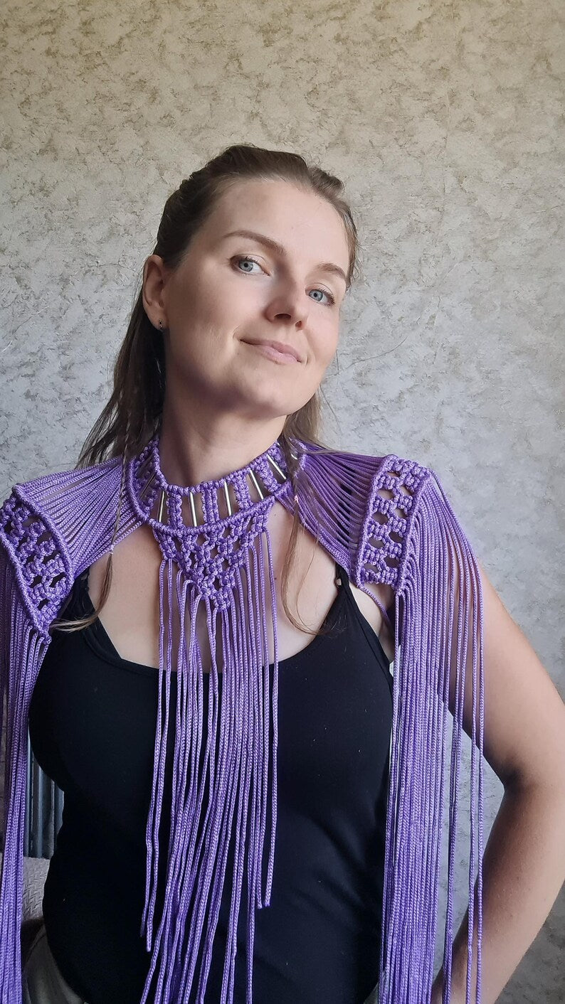 Fringe Shoulder Epaulettes – Sculptural Macramé Necklace Festival & Bridal Statement Piece