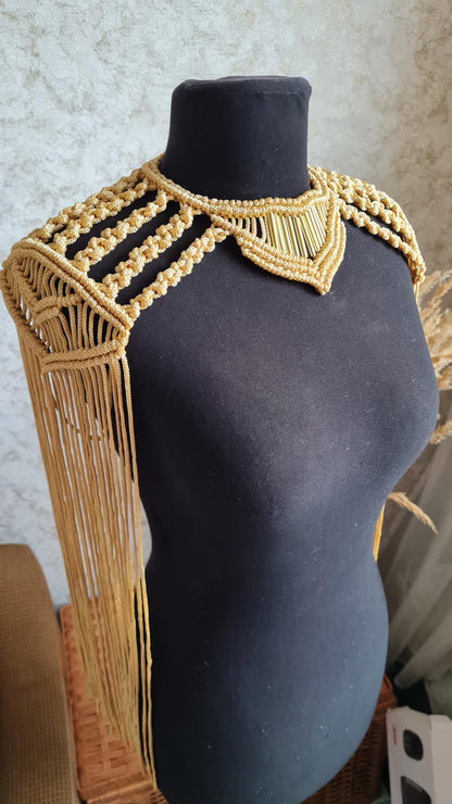 Gold Macrame Shoulder Choker: Festival Boho Shoulder Jewelry