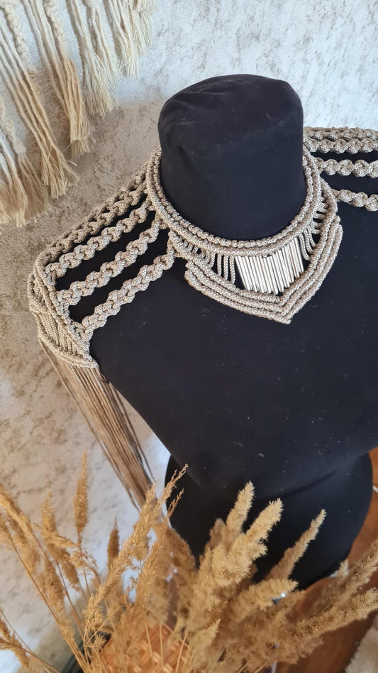 Silver Macrame necklace Tassel Epaulettes Rave costume