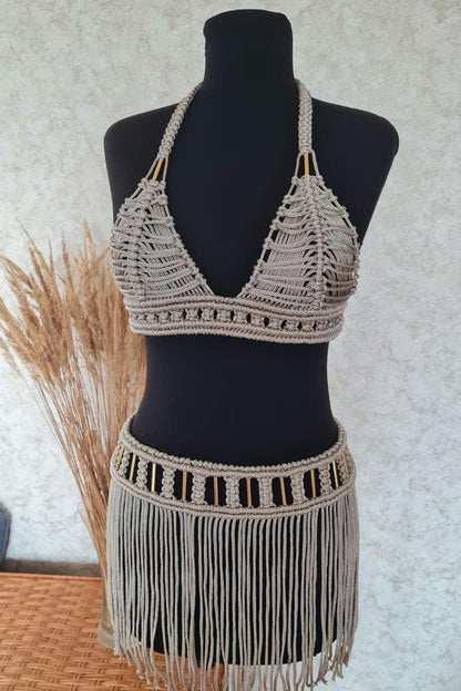 Goddess set Helena: macrame top and short skirt rave outfit