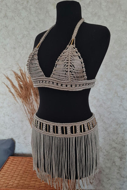 Goddess set Helena: macrame top and short skirt rave outfit