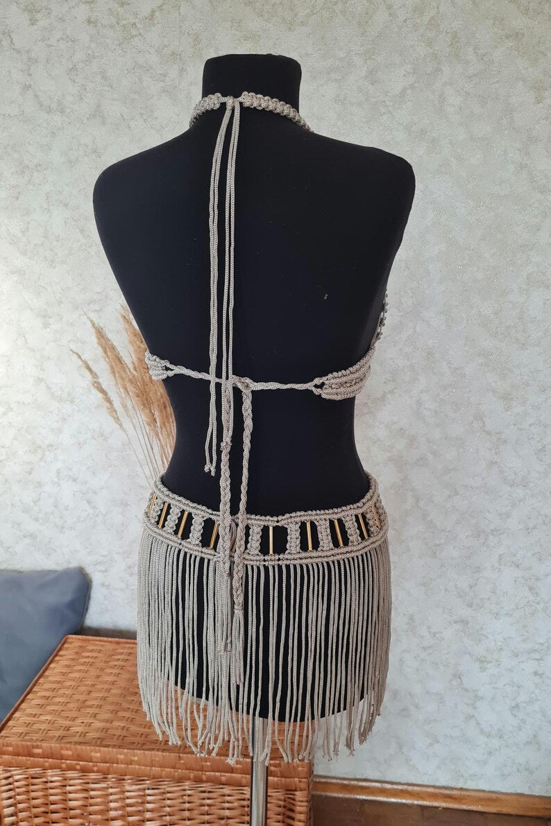 Goddess set Helena: macrame top and short skirt rave outfit