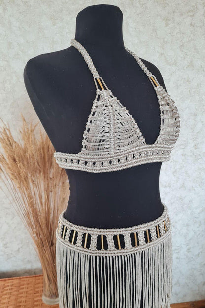 Goddess set Helena: macrame top and short skirt rave outfit