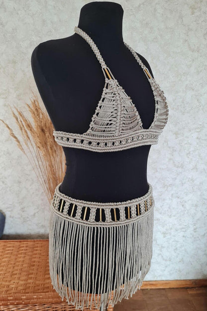 Goddess set Helena: macrame top and short skirt rave outfit