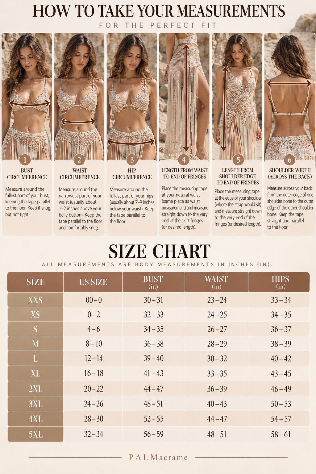 PALMacrame size chart from XXS to 5XL with US sizes and bust, waist, and hip measurements in inches, plus a guide to measuring body circumference, garment length, and shoulder width.