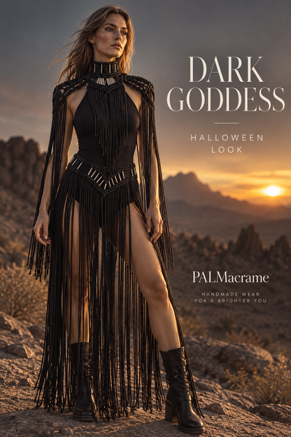 Black Macrame Dark Goddess Outfit – Festival & Halloween Set