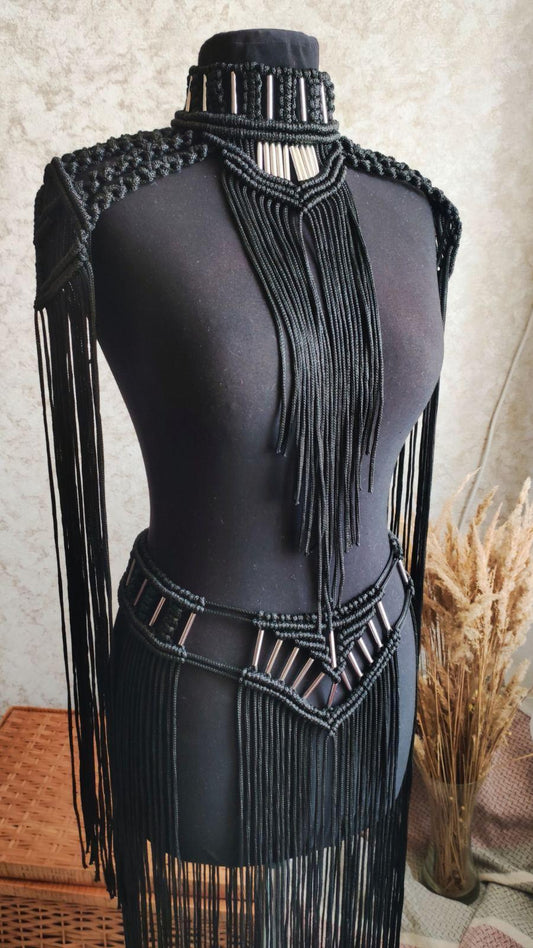 Black Macrame Dark Goddess Outfit – Festival & Halloween Set